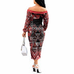 Aotearoa Ngapuhi Off The Shoulder Long Sleeve Dress Maori Red Tribal Paua Shell Pattern