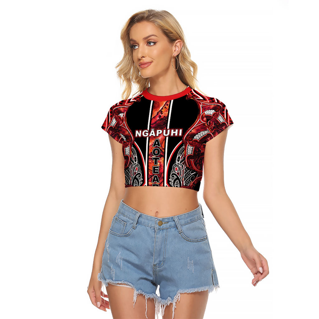Aotearoa Ngapuhi Raglan Cropped T Shirt Maori Red Tribal Paua Shell Pattern