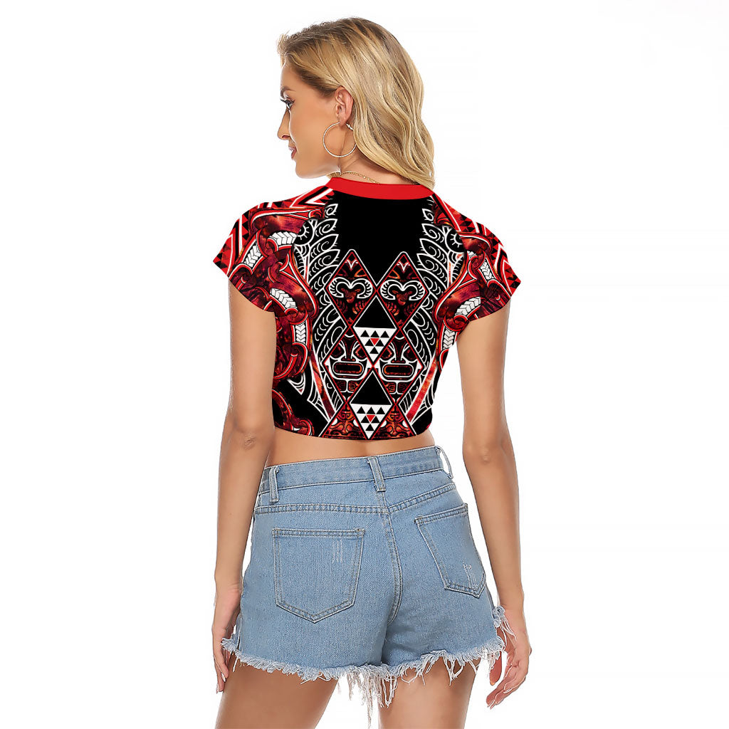 Aotearoa Ngapuhi Raglan Cropped T Shirt Maori Red Tribal Paua Shell Pattern