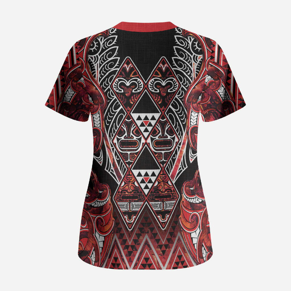 Aotearoa Ngapuhi Scrub Top Maori Red Tribal Paua Shell Pattern