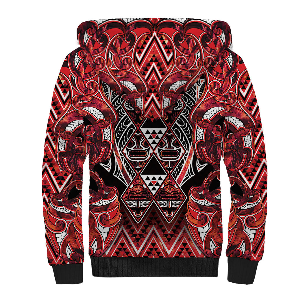 Aotearoa Ngapuhi Sherpa Hoodie Maori Red Tribal Paua Shell Pattern