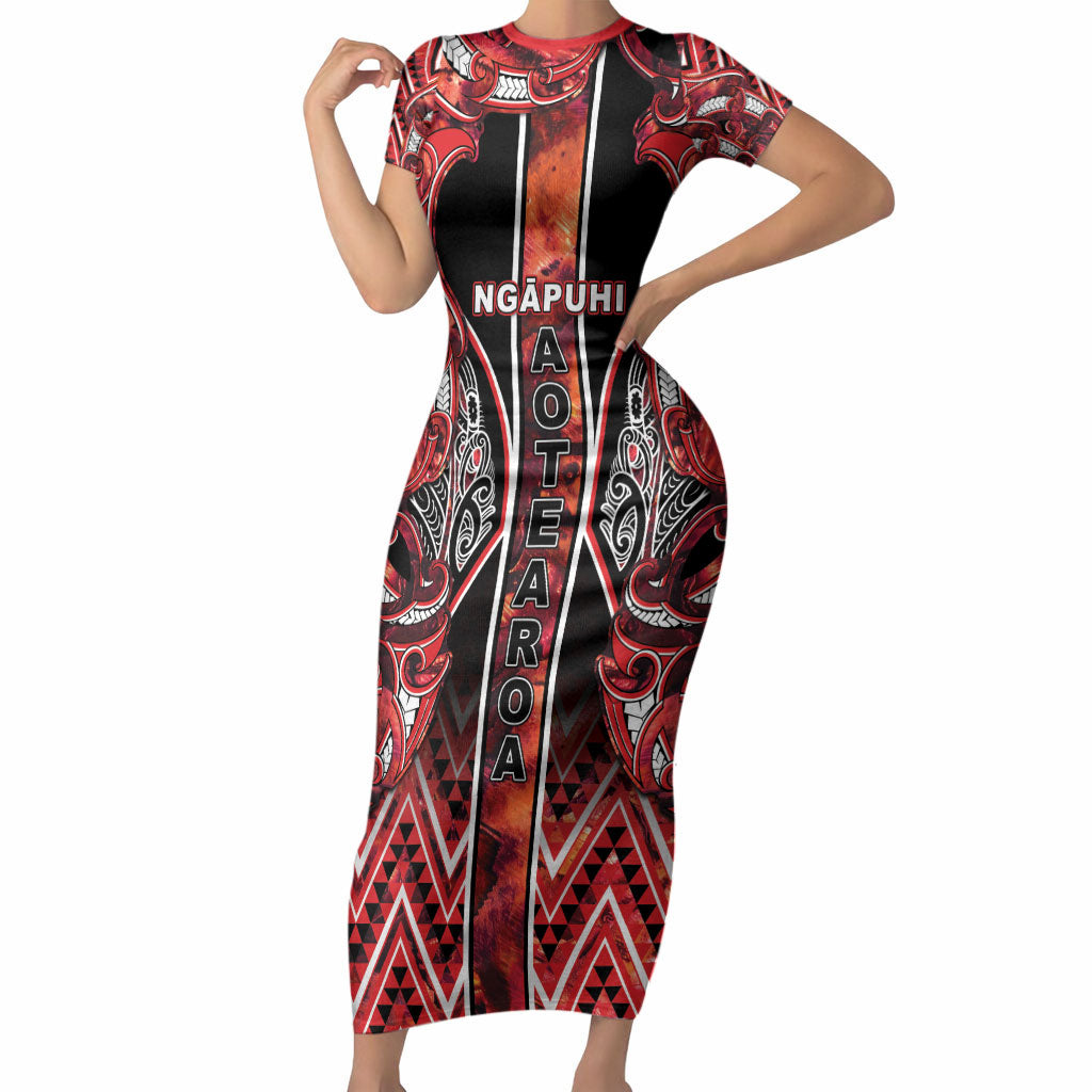 Aotearoa Ngapuhi Short Sleeve Bodycon Dress Maori Red Tribal Paua Shell Pattern