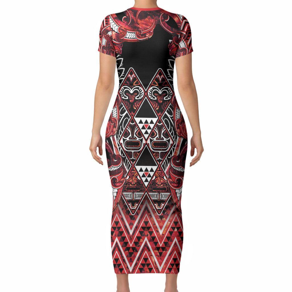 Aotearoa Ngapuhi Short Sleeve Bodycon Dress Maori Red Tribal Paua Shell Pattern
