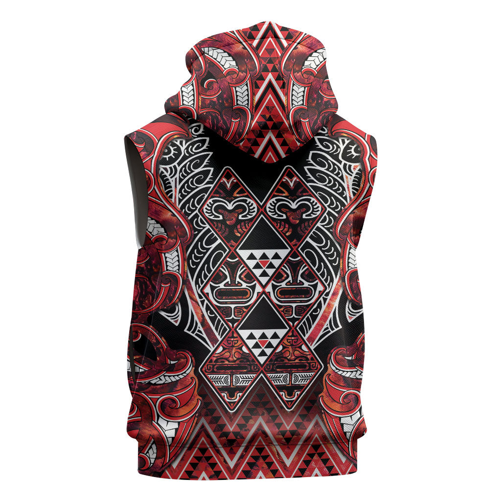 Aotearoa Ngapuhi Sleeveless Hoodie Maori Red Tribal Paua Shell Pattern