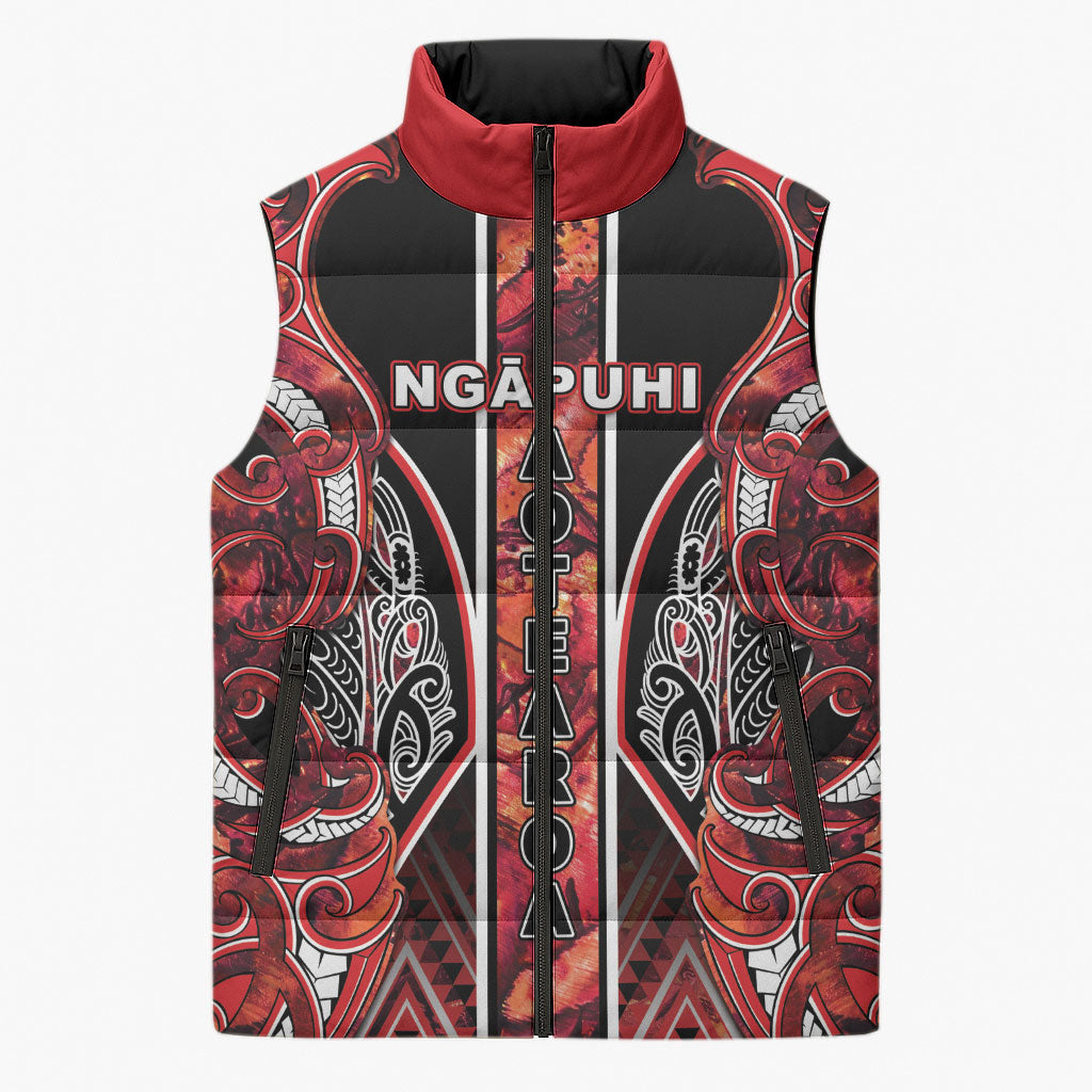 Aotearoa Ngapuhi Sleeveless Puffer Jacket Maori Red Tribal Paua Shell Pattern