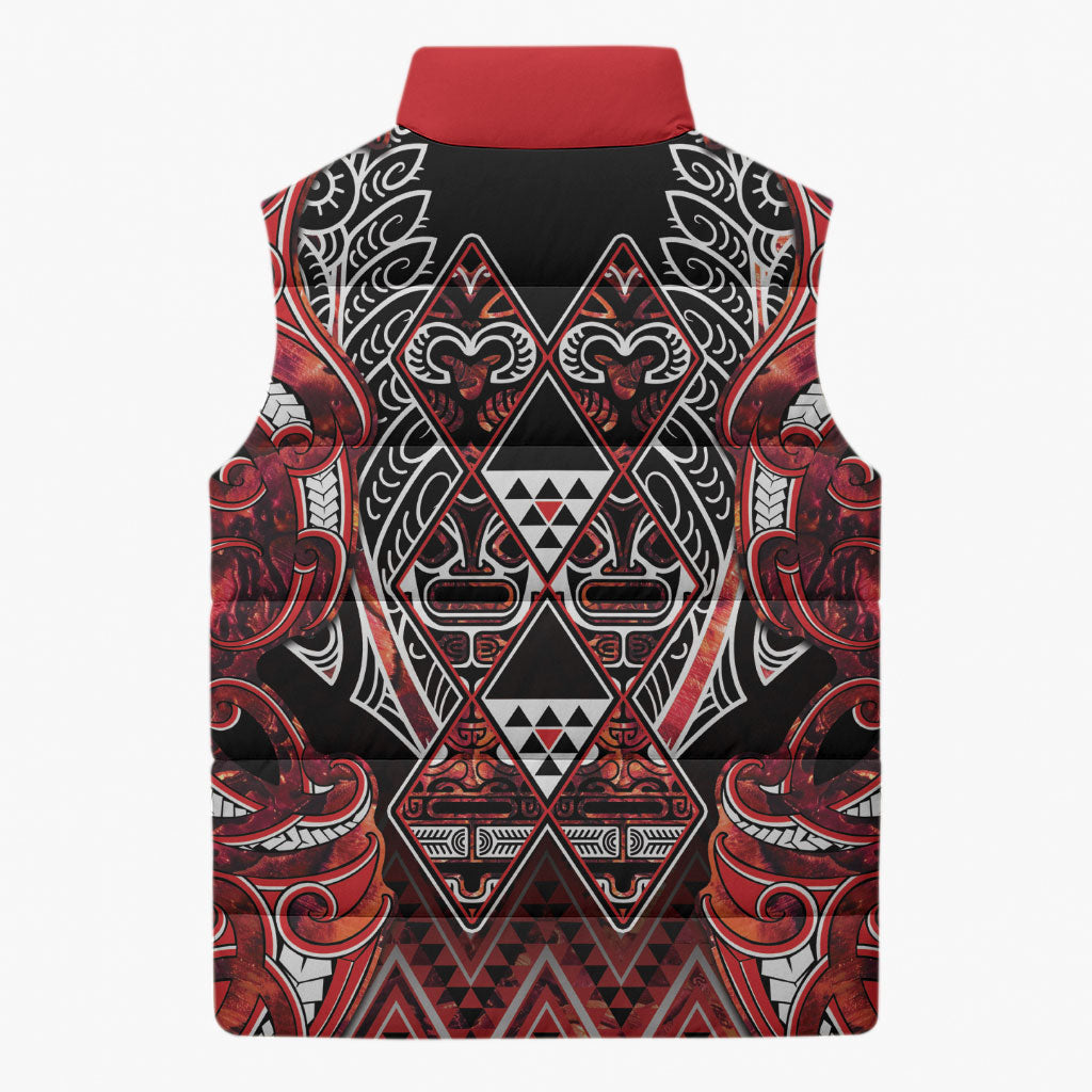 Aotearoa Ngapuhi Sleeveless Puffer Jacket Maori Red Tribal Paua Shell Pattern
