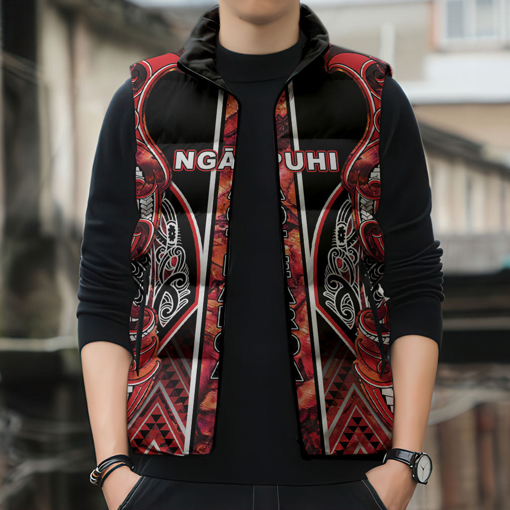 Aotearoa Ngapuhi Sleeveless Puffer Jacket Maori Red Tribal Paua Shell Pattern