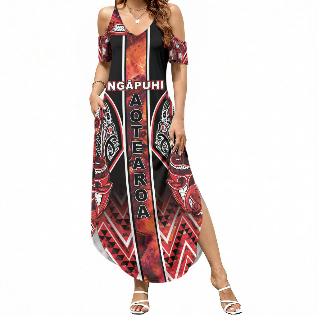 Aotearoa Ngapuhi Summer Maxi Dress Maori Red Tribal Paua Shell Pattern