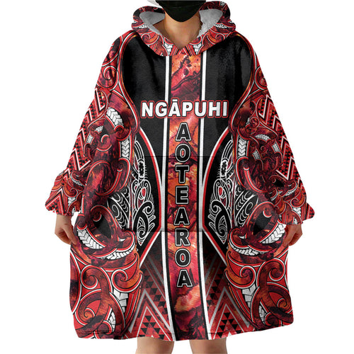 Aotearoa Ngapuhi Wearable Blanket Hoodie Maori Red Tribal Paua Shell Pattern
