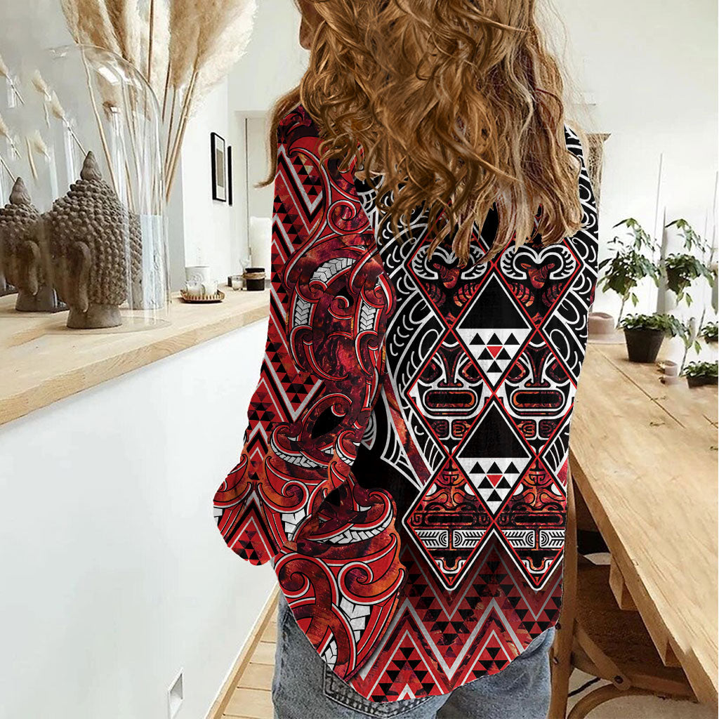 Aotearoa Ngapuhi Women Casual Shirt Maori Red Tribal Paua Shell Pattern