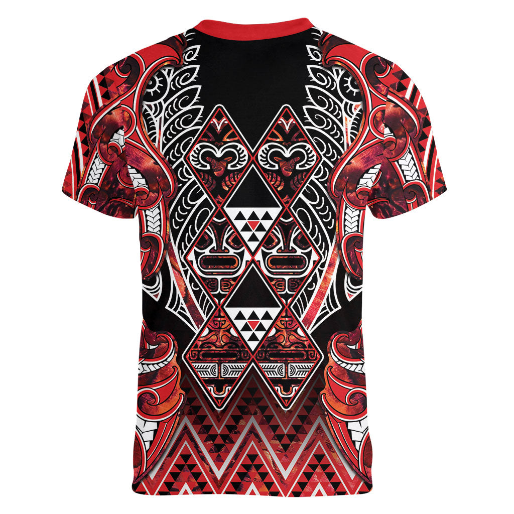 Aotearoa Ngapuhi Women V-Neck T-Shirt Maori Red Tribal Paua Shell Pattern