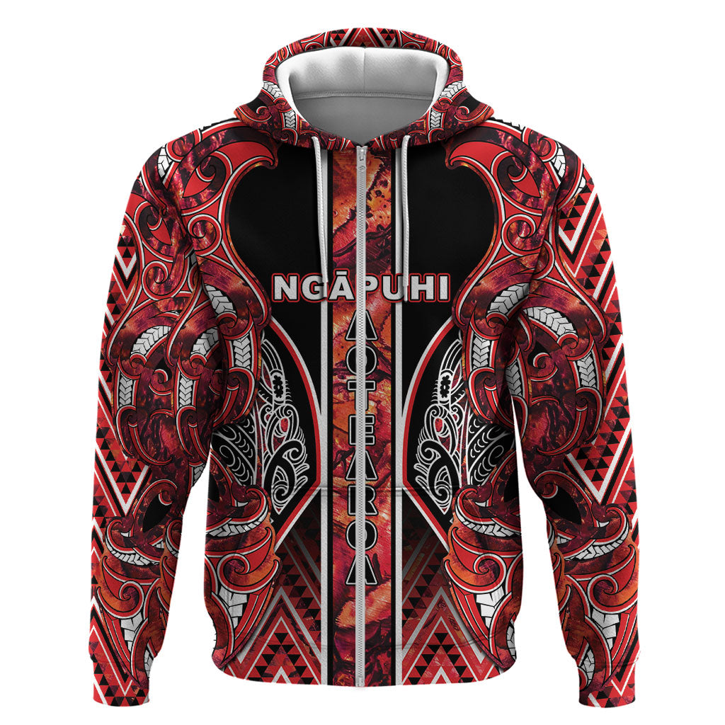 Aotearoa Ngapuhi Zip Hoodie Maori Red Tribal Paua Shell Pattern