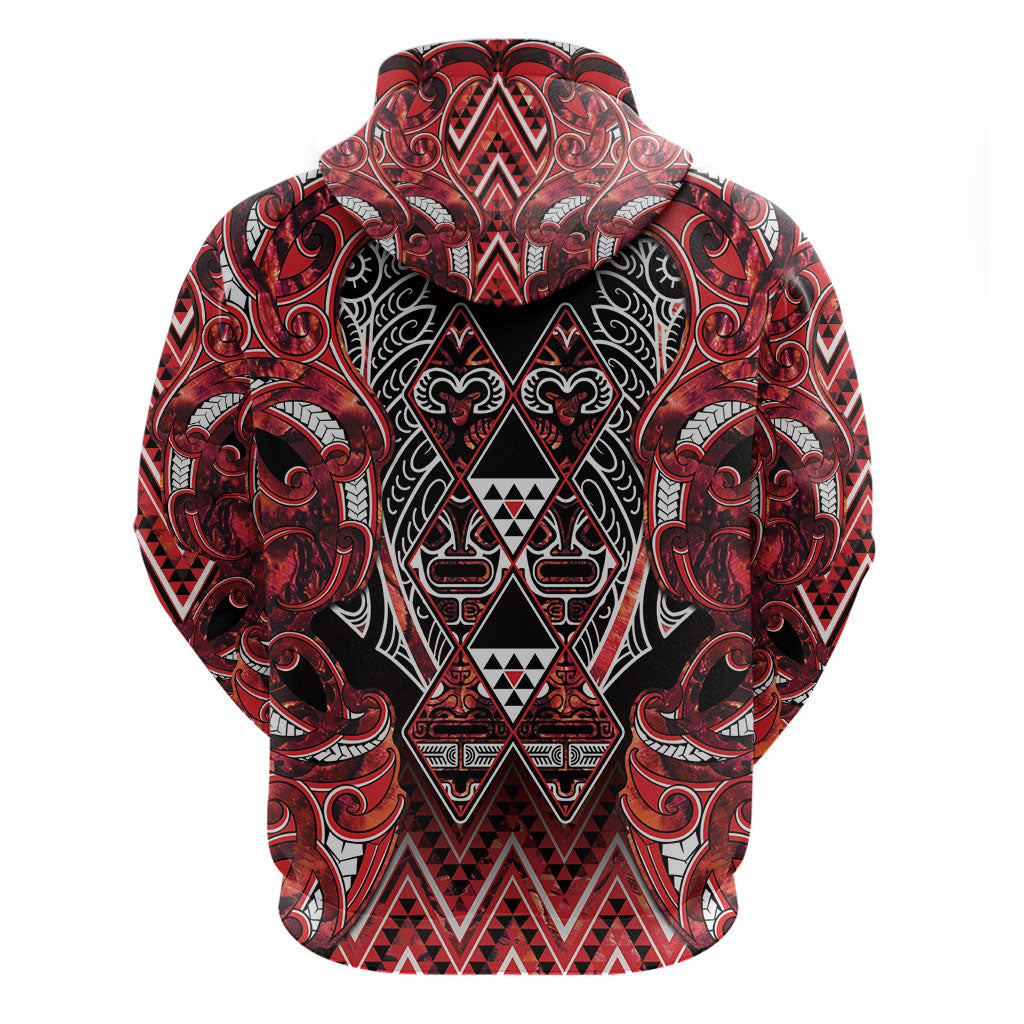 Aotearoa Ngapuhi Zip Hoodie Maori Red Tribal Paua Shell Pattern