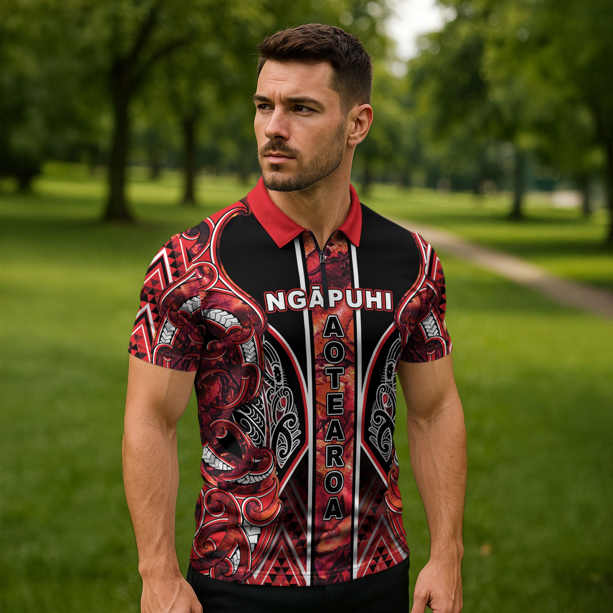 Aotearoa Ngapuhi Zipper Polo Shirt Maori Red Tribal Paua Shell Pattern