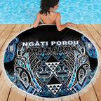 Aotearoa Ngati Porou Beach Blanket Maori Light Blue Tribal Paua Shell Pattern