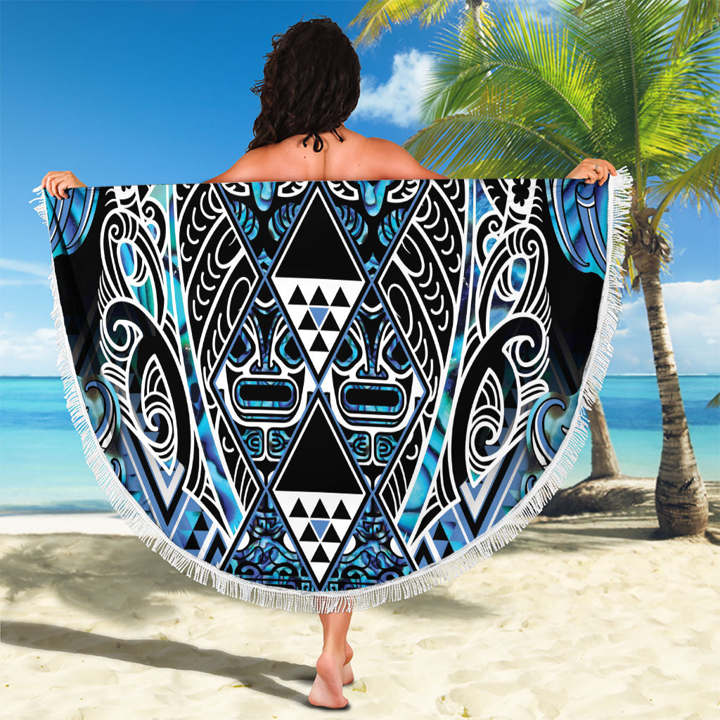Aotearoa Ngati Porou Beach Blanket Maori Light Blue Tribal Paua Shell Pattern