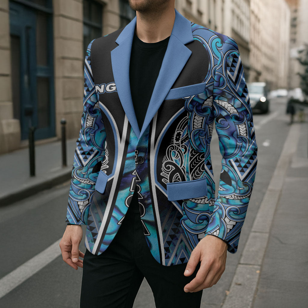 Aotearoa Ngati Porou Blazer Maori Light Blue Tribal Paua Shell Pattern