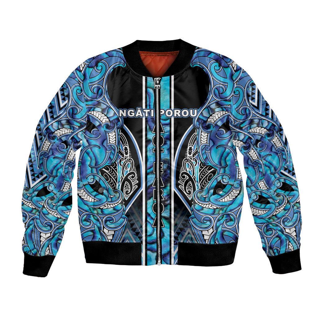 Aotearoa Ngati Porou Bomber Jacket Maori Light Blue Tribal Paua Shell Pattern