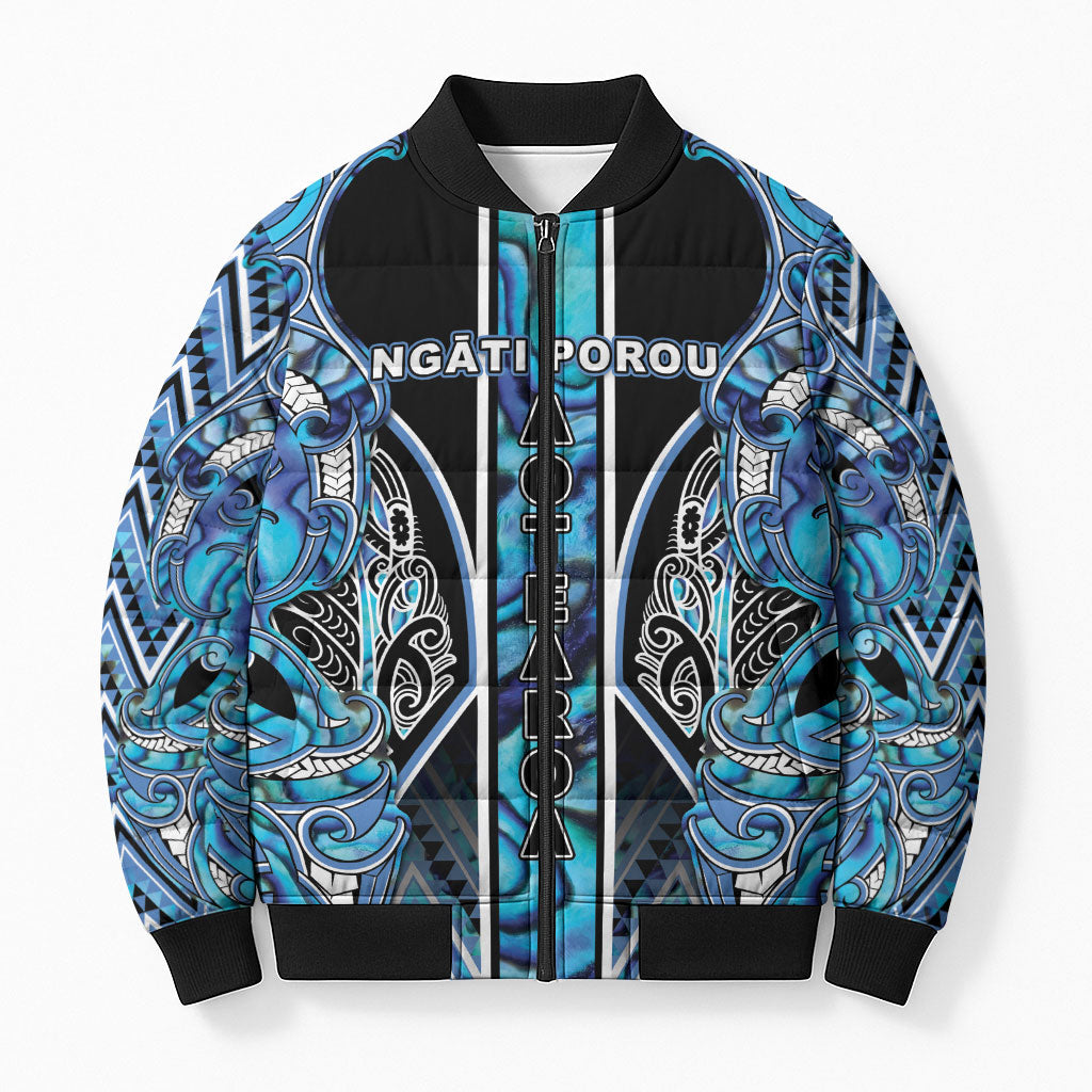 Aotearoa Ngati Porou Bomber Puffer Jacket Maori Light Blue Tribal Paua Shell Pattern