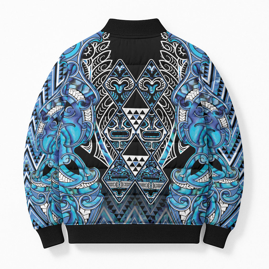 Aotearoa Ngati Porou Bomber Puffer Jacket Maori Light Blue Tribal Paua Shell Pattern