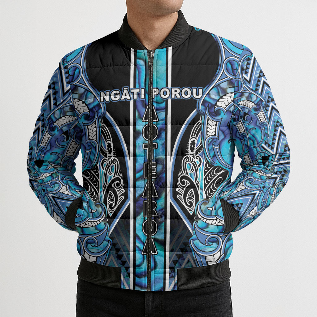 Aotearoa Ngati Porou Bomber Puffer Jacket Maori Light Blue Tribal Paua Shell Pattern