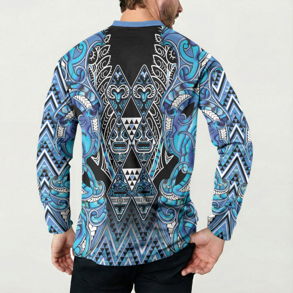 Aotearoa Ngati Porou Button Sweatshirt Maori Light Blue Tribal Paua Shell Pattern
