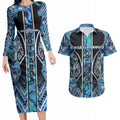 Aotearoa Ngati Porou Couples Matching Long Sleeve Bodycon Dress and Hawaiian Shirt Maori Light Blue Tribal Paua Shell Pattern