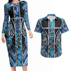 Aotearoa Ngati Porou Couples Matching Long Sleeve Bodycon Dress and Hawaiian Shirt Maori Light Blue Tribal Paua Shell Pattern