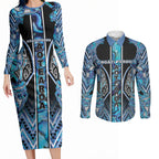 Aotearoa Ngati Porou Couples Matching Long Sleeve Bodycon Dress and Long Sleeve Button Shirt Maori Light Blue Tribal Paua Shell Pattern