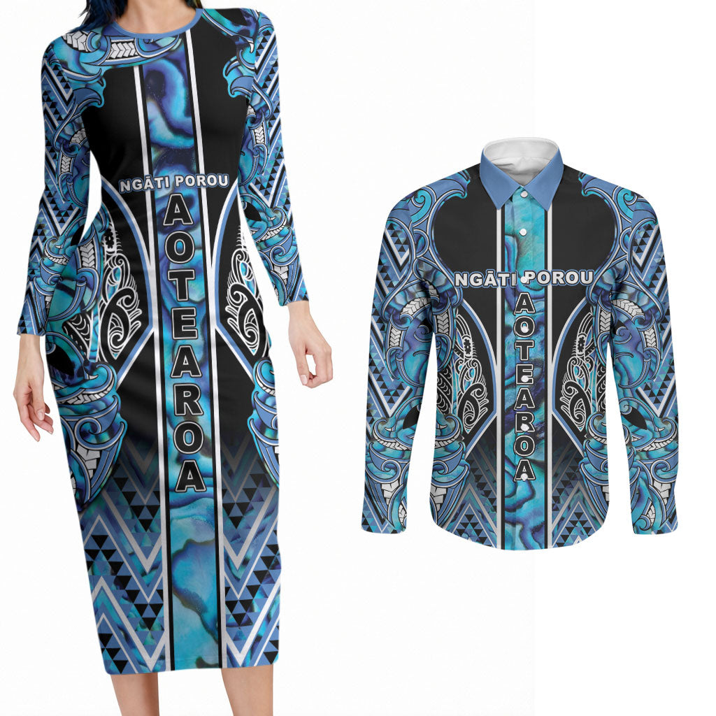 Aotearoa Ngati Porou Couples Matching Long Sleeve Bodycon Dress and Long Sleeve Button Shirt Maori Light Blue Tribal Paua Shell Pattern