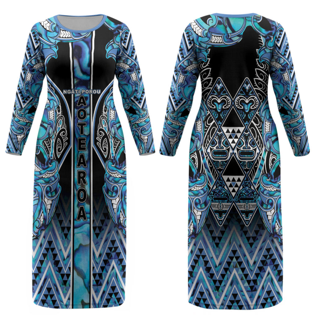 Aotearoa Ngati Porou Couples Matching Long Sleeve Bodycon Dress and Long Sleeve Button Shirt Maori Light Blue Tribal Paua Shell Pattern