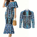 Aotearoa Ngati Porou Couples Matching Mermaid Dress and Long Sleeve Button Shirt Maori Light Blue Tribal Paua Shell Pattern