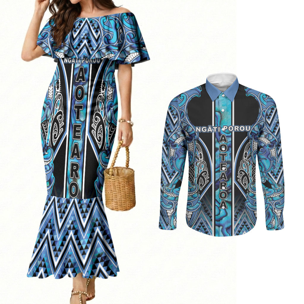 Aotearoa Ngati Porou Couples Matching Mermaid Dress and Long Sleeve Button Shirt Maori Light Blue Tribal Paua Shell Pattern