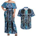 Aotearoa Ngati Porou Couples Matching Off Shoulder Maxi Dress and Hawaiian Shirt Maori Light Blue Tribal Paua Shell Pattern