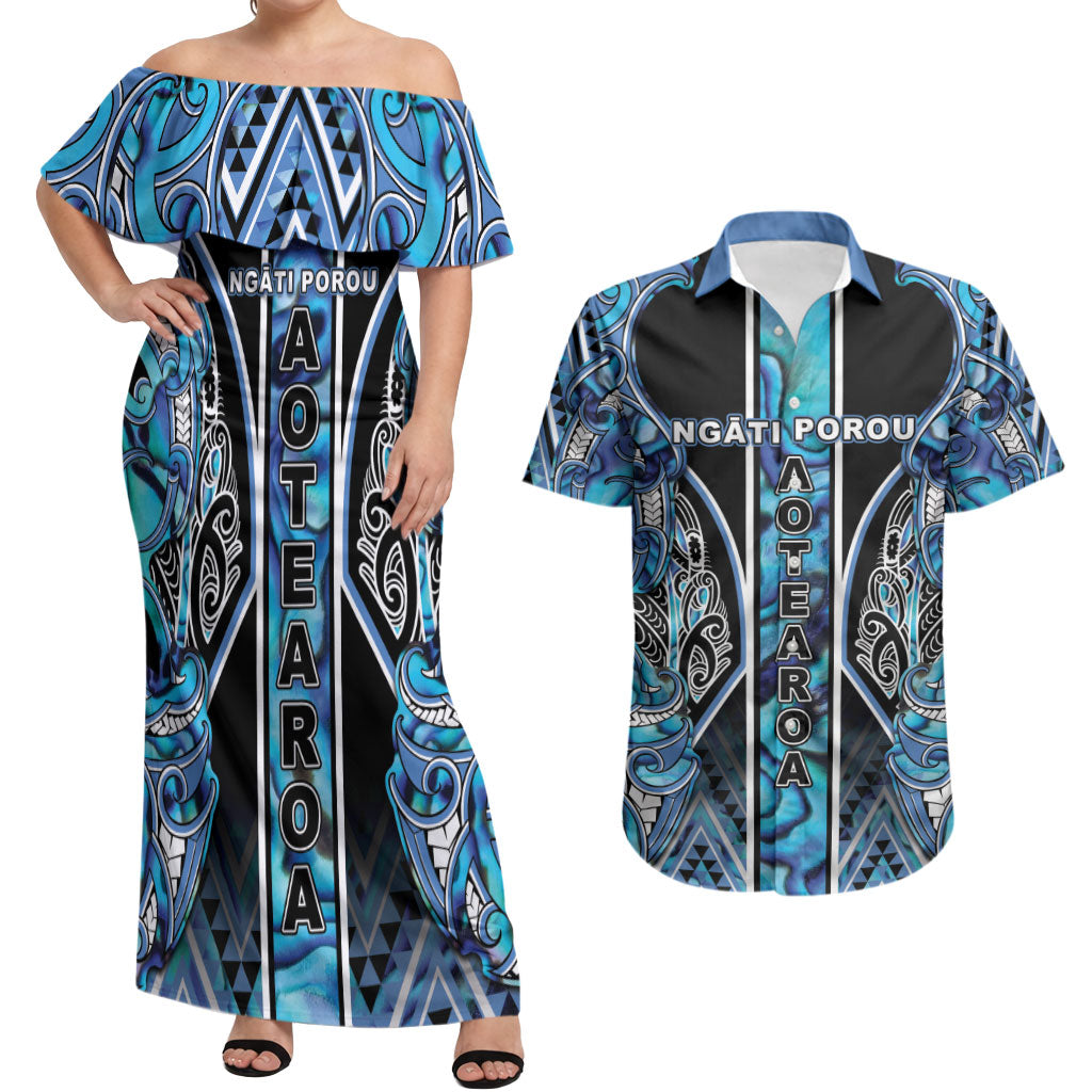 Aotearoa Ngati Porou Couples Matching Off Shoulder Maxi Dress and Hawaiian Shirt Maori Light Blue Tribal Paua Shell Pattern
