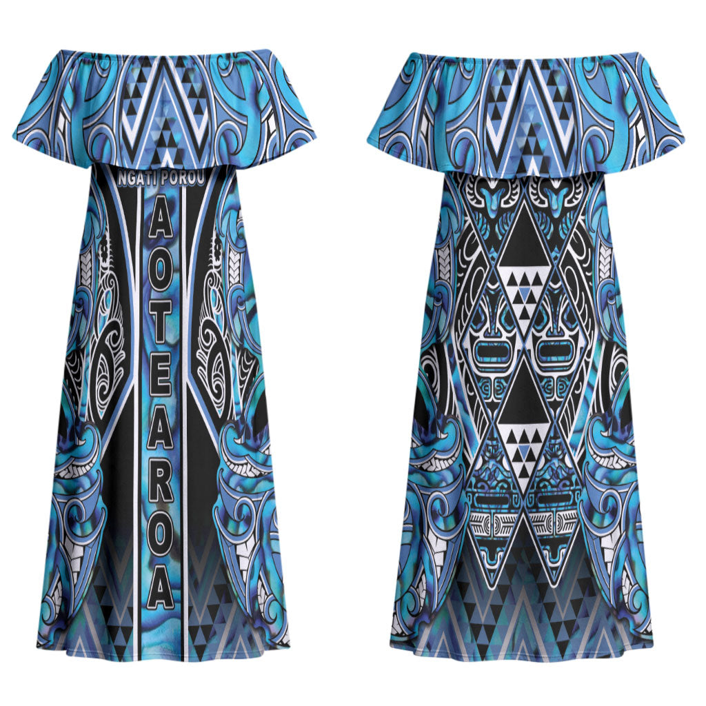Aotearoa Ngati Porou Couples Matching Off Shoulder Maxi Dress and Hawaiian Shirt Maori Light Blue Tribal Paua Shell Pattern