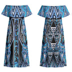 Aotearoa Ngati Porou Couples Matching Off Shoulder Maxi Dress and Hawaiian Shirt Maori Light Blue Tribal Paua Shell Pattern