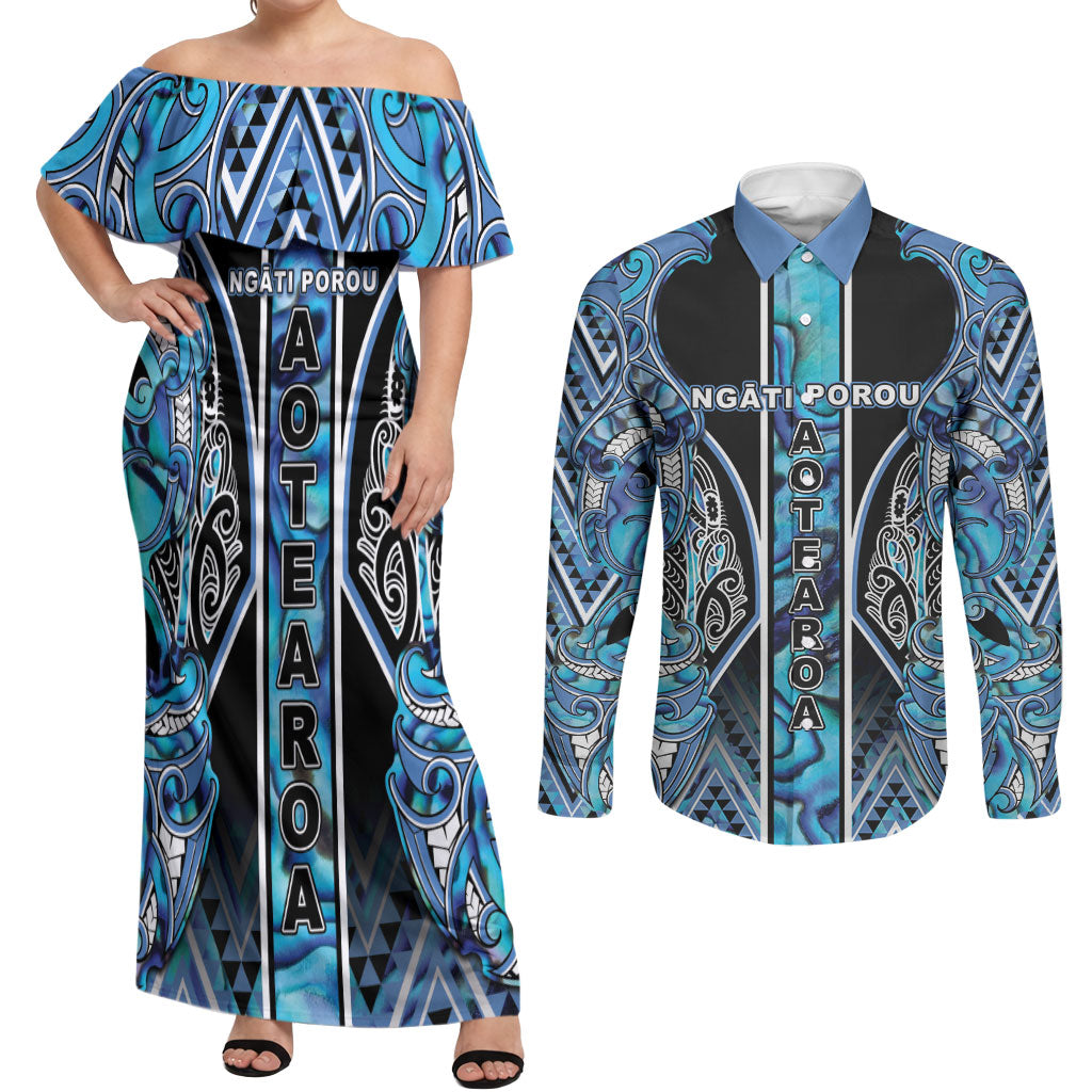 Aotearoa Ngati Porou Couples Matching Off Shoulder Maxi Dress and Long Sleeve Button Shirt Maori Light Blue Tribal Paua Shell Pattern