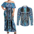 Aotearoa Ngati Porou Couples Matching Off Shoulder Maxi Dress and Long Sleeve Button Shirt Maori Light Blue Tribal Paua Shell Pattern