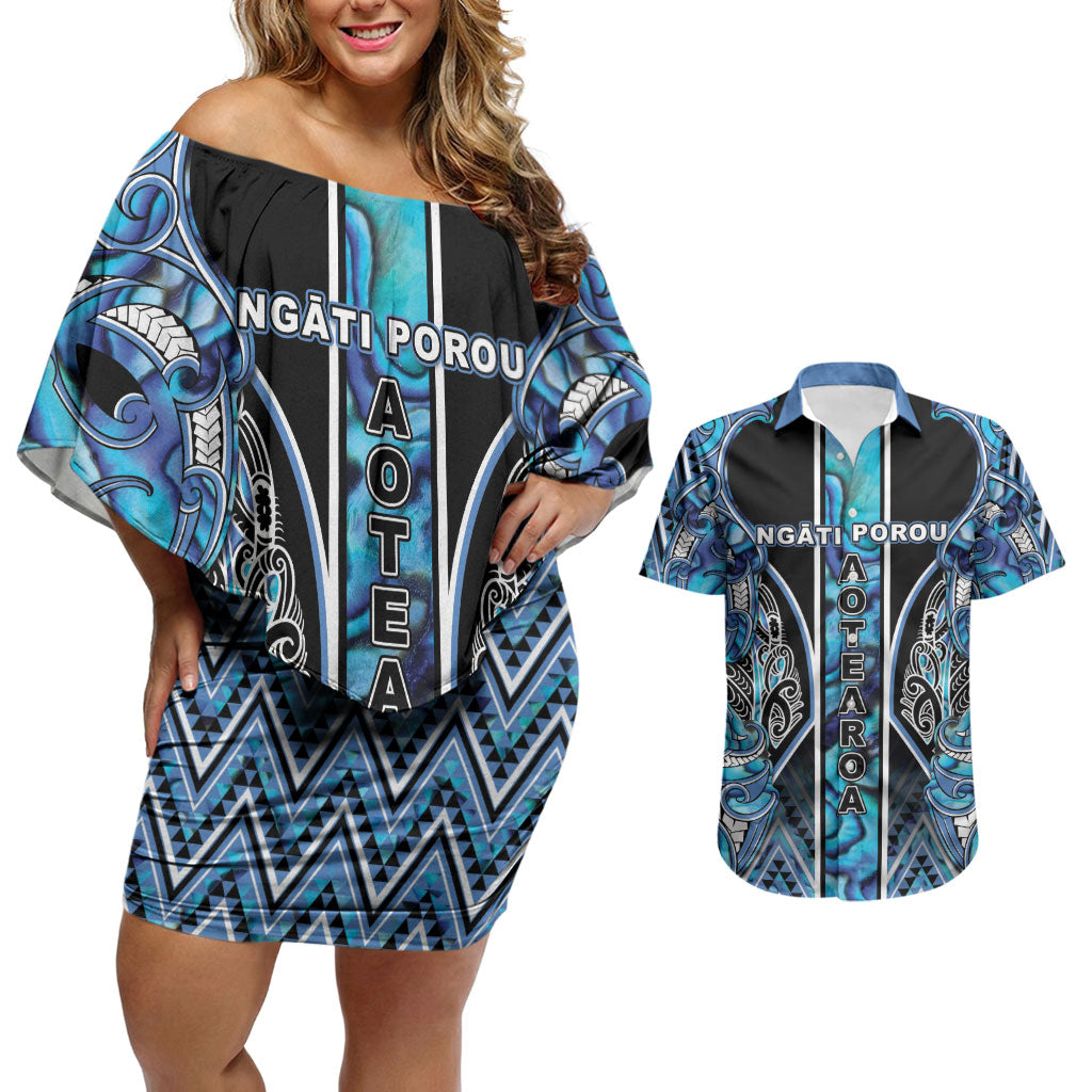 Aotearoa Ngati Porou Couples Matching Off Shoulder Short Dress and Hawaiian Shirt Maori Light Blue Tribal Paua Shell Pattern