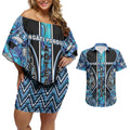 Aotearoa Ngati Porou Couples Matching Off Shoulder Short Dress and Hawaiian Shirt Maori Light Blue Tribal Paua Shell Pattern
