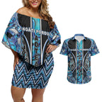 Aotearoa Ngati Porou Couples Matching Off Shoulder Short Dress and Hawaiian Shirt Maori Light Blue Tribal Paua Shell Pattern