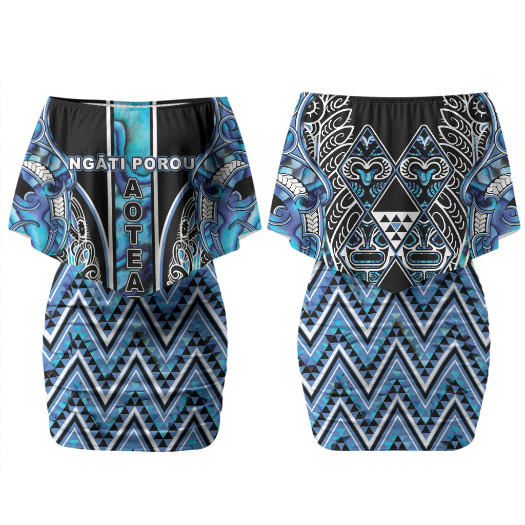Aotearoa Ngati Porou Couples Matching Off Shoulder Short Dress and Hawaiian Shirt Maori Light Blue Tribal Paua Shell Pattern