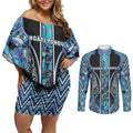 Aotearoa Ngati Porou Couples Matching Off Shoulder Short Dress and Long Sleeve Button Shirt Maori Light Blue Tribal Paua Shell Pattern