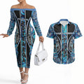Aotearoa Ngati Porou Couples Matching Off The Shoulder Long Sleeve Dress and Hawaiian Shirt Maori Light Blue Tribal Paua Shell Pattern