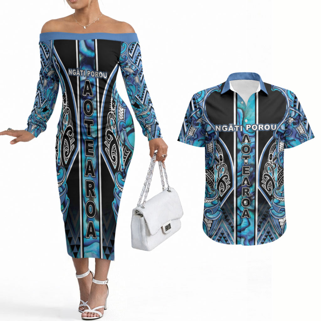 Aotearoa Ngati Porou Couples Matching Off The Shoulder Long Sleeve Dress and Hawaiian Shirt Maori Light Blue Tribal Paua Shell Pattern
