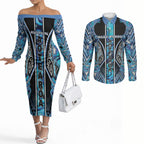 Aotearoa Ngati Porou Couples Matching Off The Shoulder Long Sleeve Dress and Long Sleeve Button Shirt Maori Light Blue Tribal Paua Shell Pattern