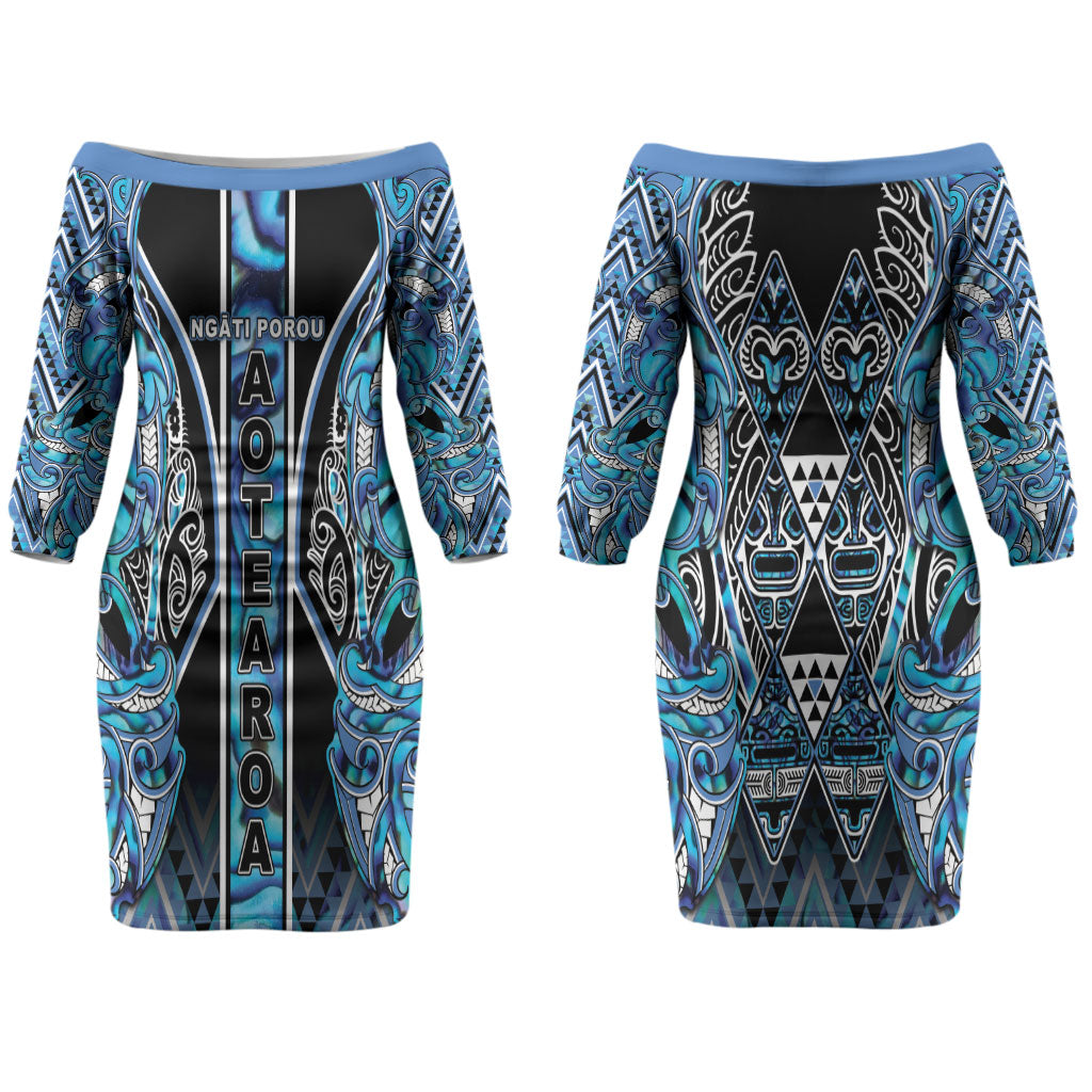Aotearoa Ngati Porou Couples Matching Off The Shoulder Long Sleeve Dress and Long Sleeve Button Shirt Maori Light Blue Tribal Paua Shell Pattern
