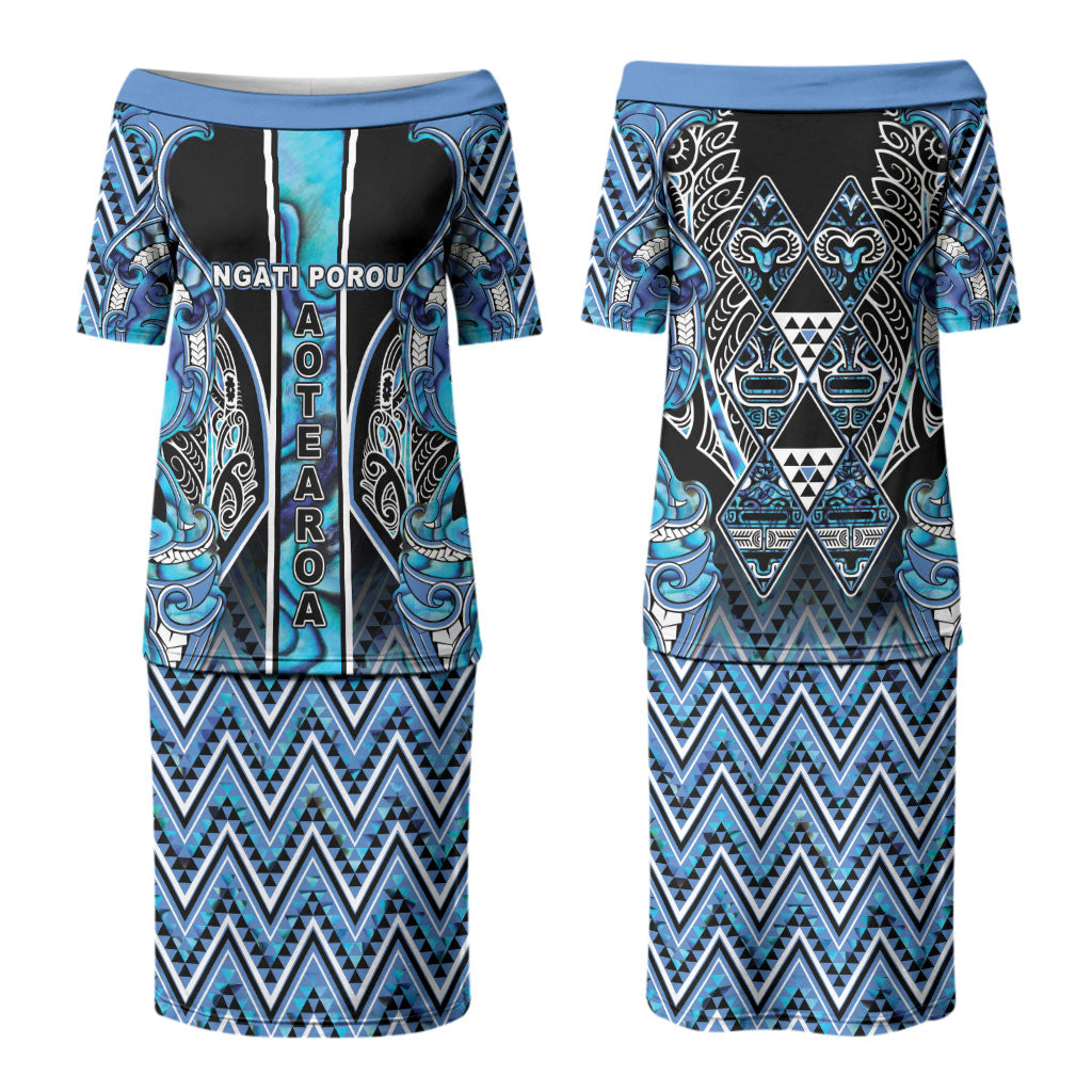 Aotearoa Ngati Porou Couples Matching Puletasi and Long Sleeve Button Shirt Maori Light Blue Tribal Paua Shell Pattern