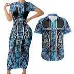 Aotearoa Ngati Porou Couples Matching Short Sleeve Bodycon Dress and Hawaiian Shirt Maori Light Blue Tribal Paua Shell Pattern